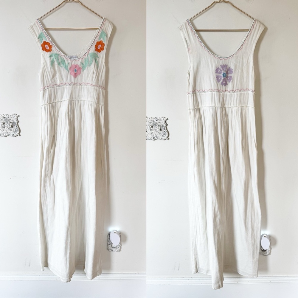 Christophe Sauvat Boho Floral Embellished Beaded White Cotton Gauze Maxi Dress L